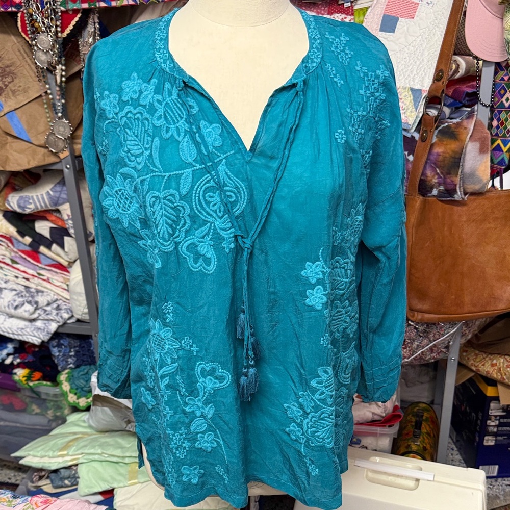 Johnny Was Turquoise Floral Embroidered Blouse
